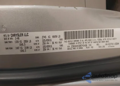 2008 Dodge Grand Caravan Se z USA, uszkodzony, nr VIN 2D8HN44H38R745498